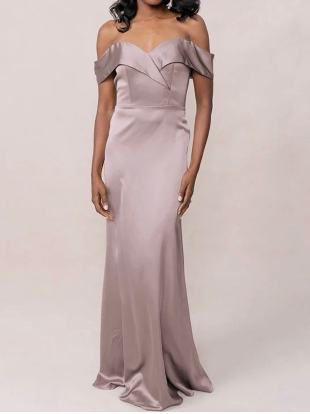 Revelry Dress Bardot Satin Off-The-Shoulder Maxi Bridesmaid in Taupe